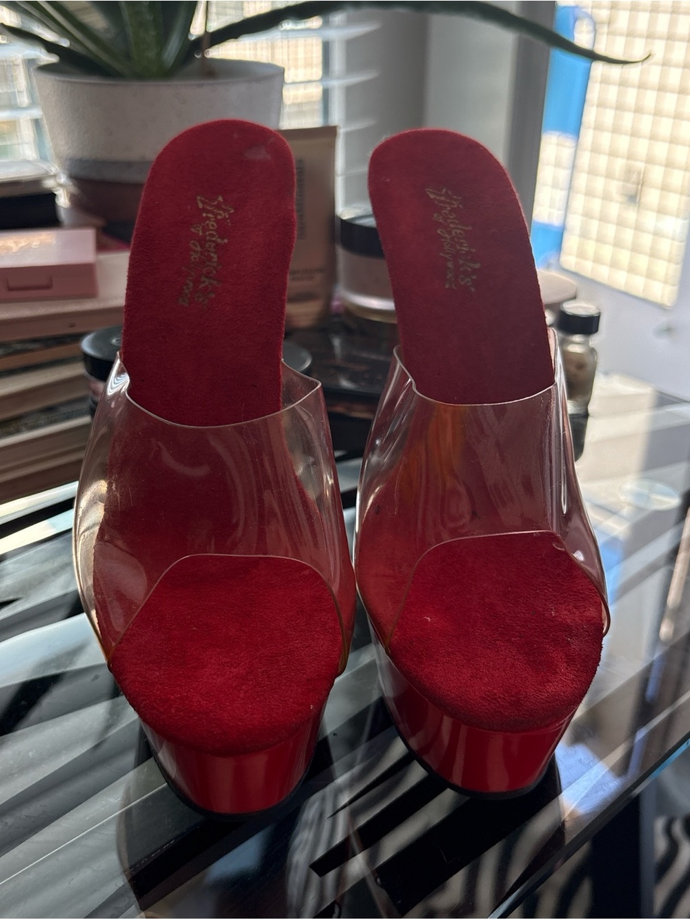 Red Clear Slide Platform Heels - vintage Fredrick’s of Hollywood